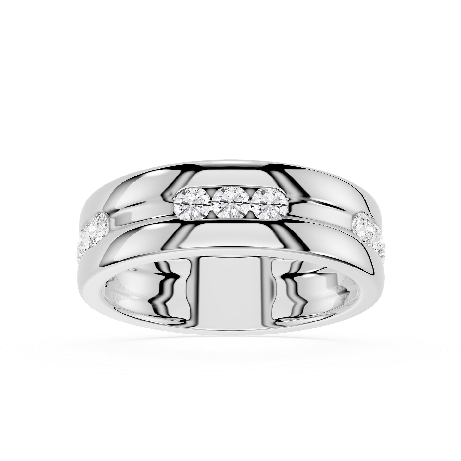 Silver ring with embedded diamonds on a white background
