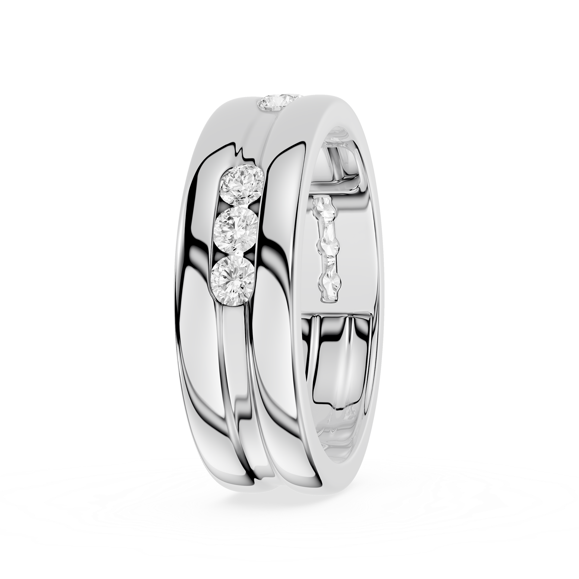 Rose gold ring with embedded diamonds on a white background
