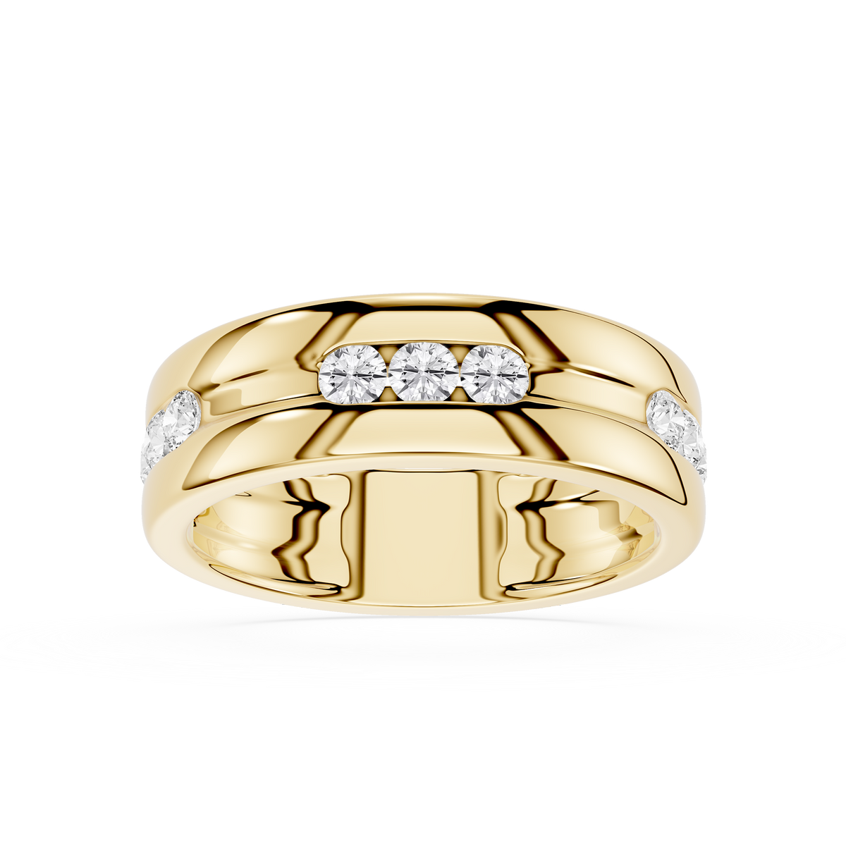 Round diamond flush-setting yellow gold ring for engagement.