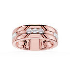 Rose gold ring with diamond accents on a white background