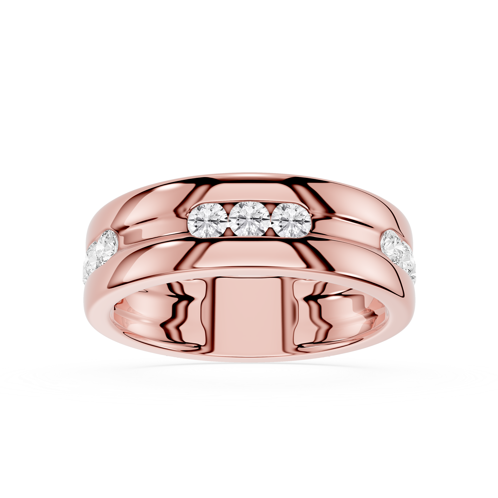Rose gold ring with diamond accents on a white background