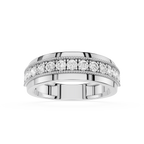 Silver ring with diamond accents on a white background