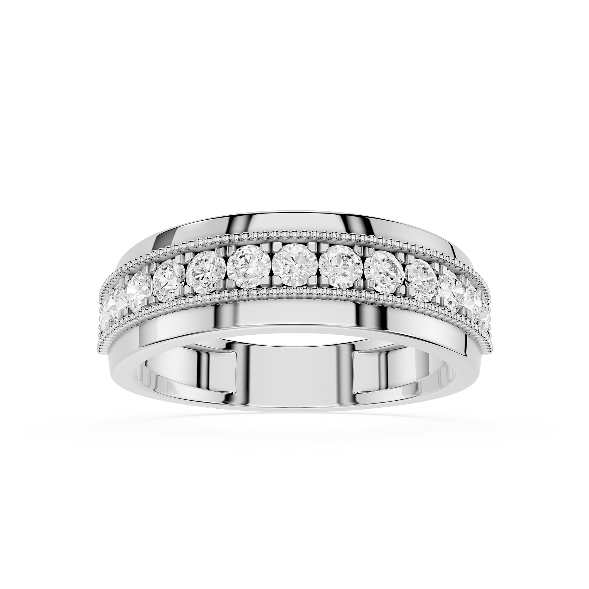 Silver ring with diamond accents on a white background