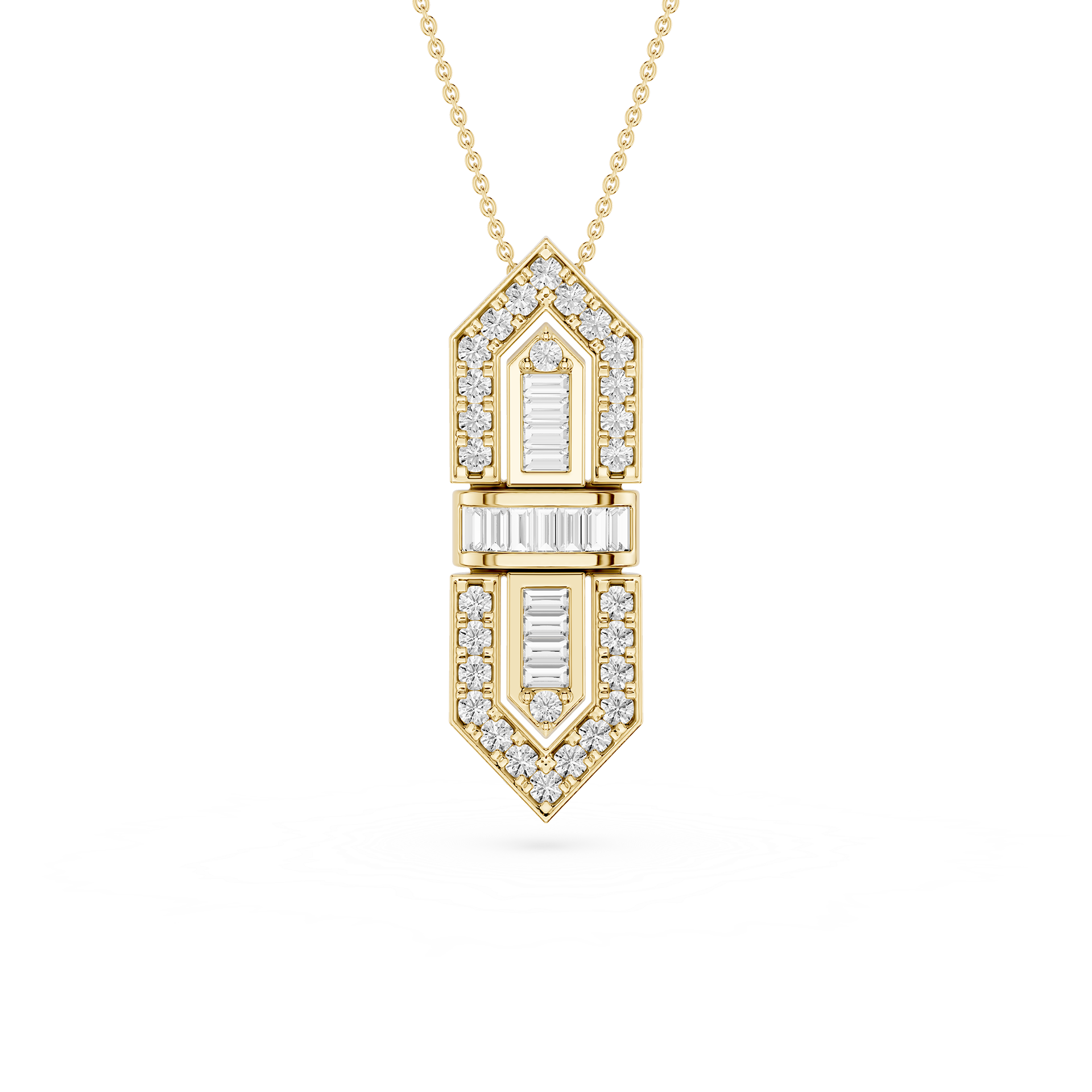 Gold necklace with a diamond pendant on a white background