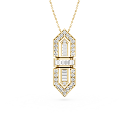 Gold necklace with a diamond pendant on a white background