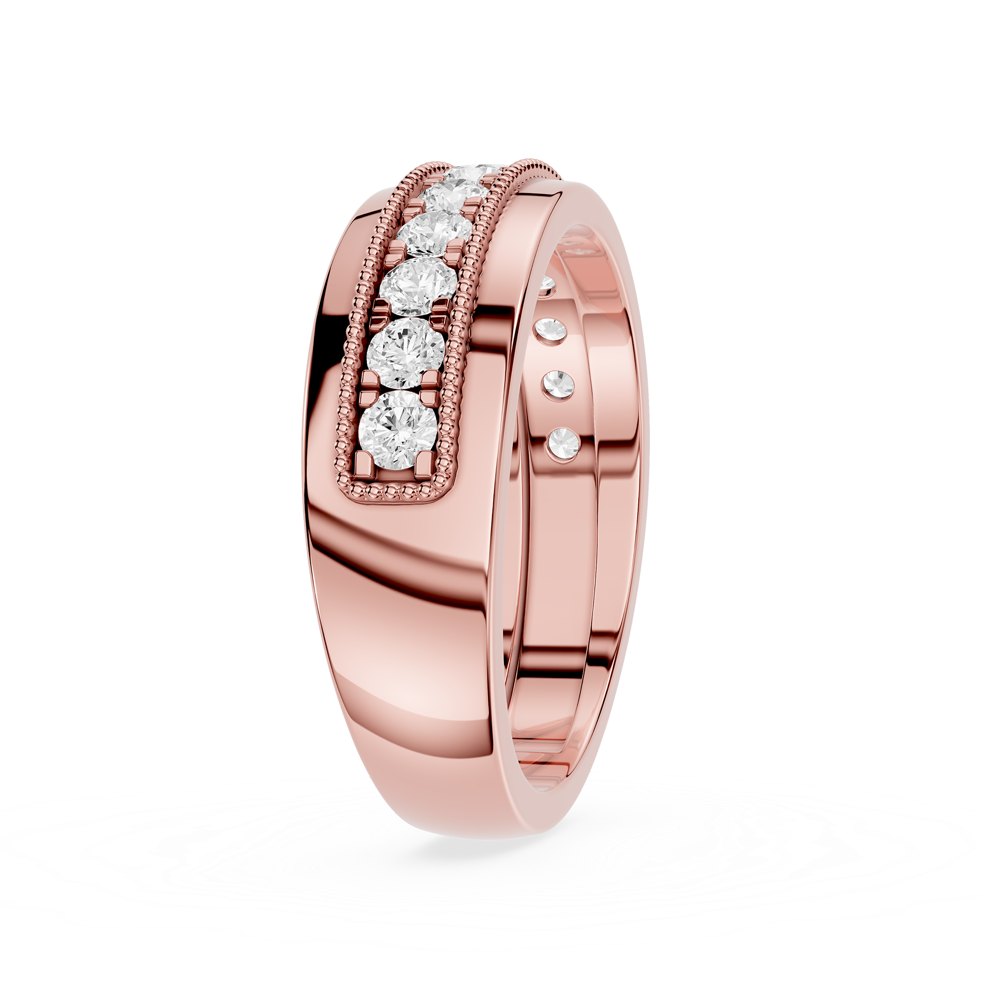 Rose gold ring with diamonds on a white background