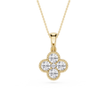 Rose gold necklace with a clover-shaped diamond pendant on a white background