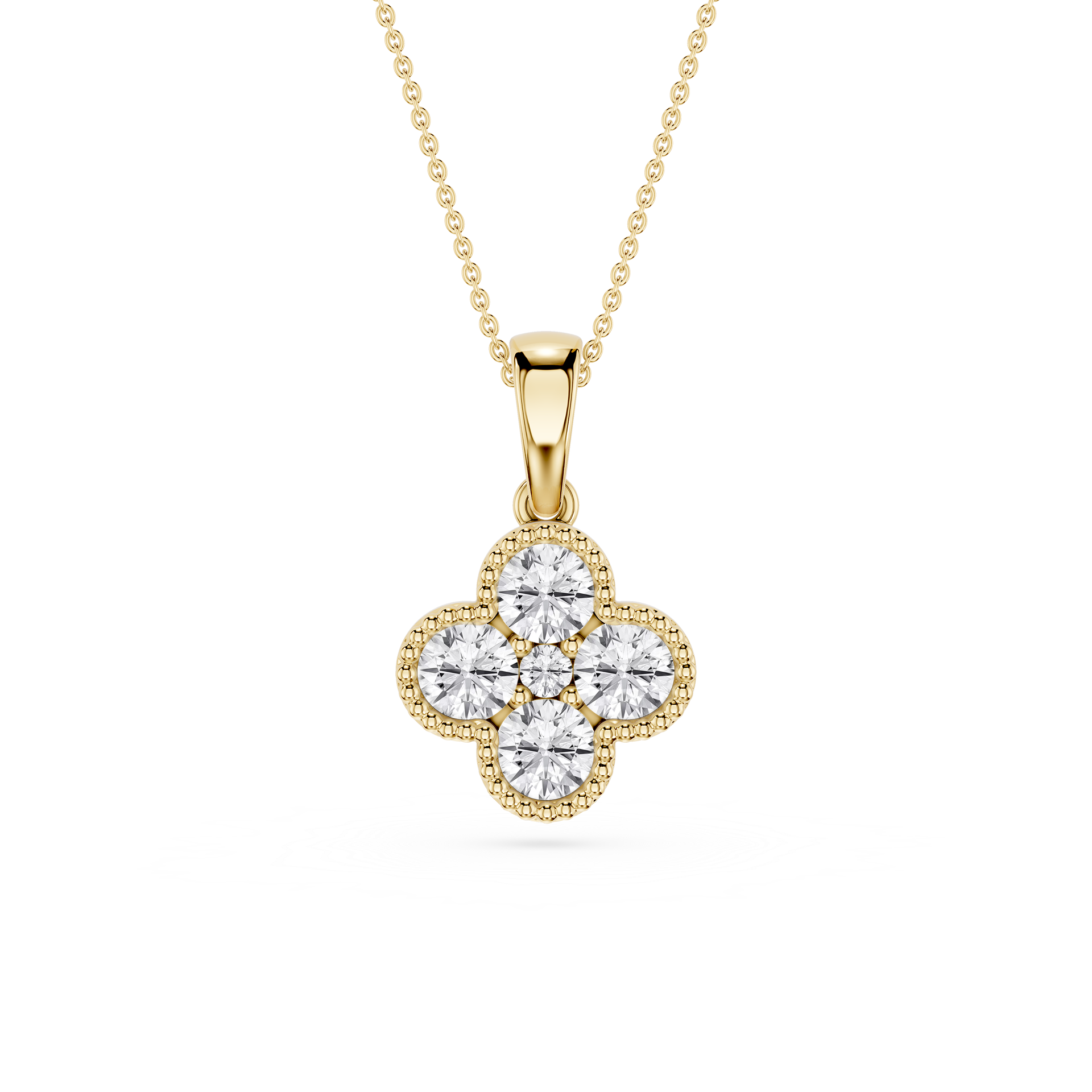 Rose gold necklace with a clover-shaped diamond pendant on a white background