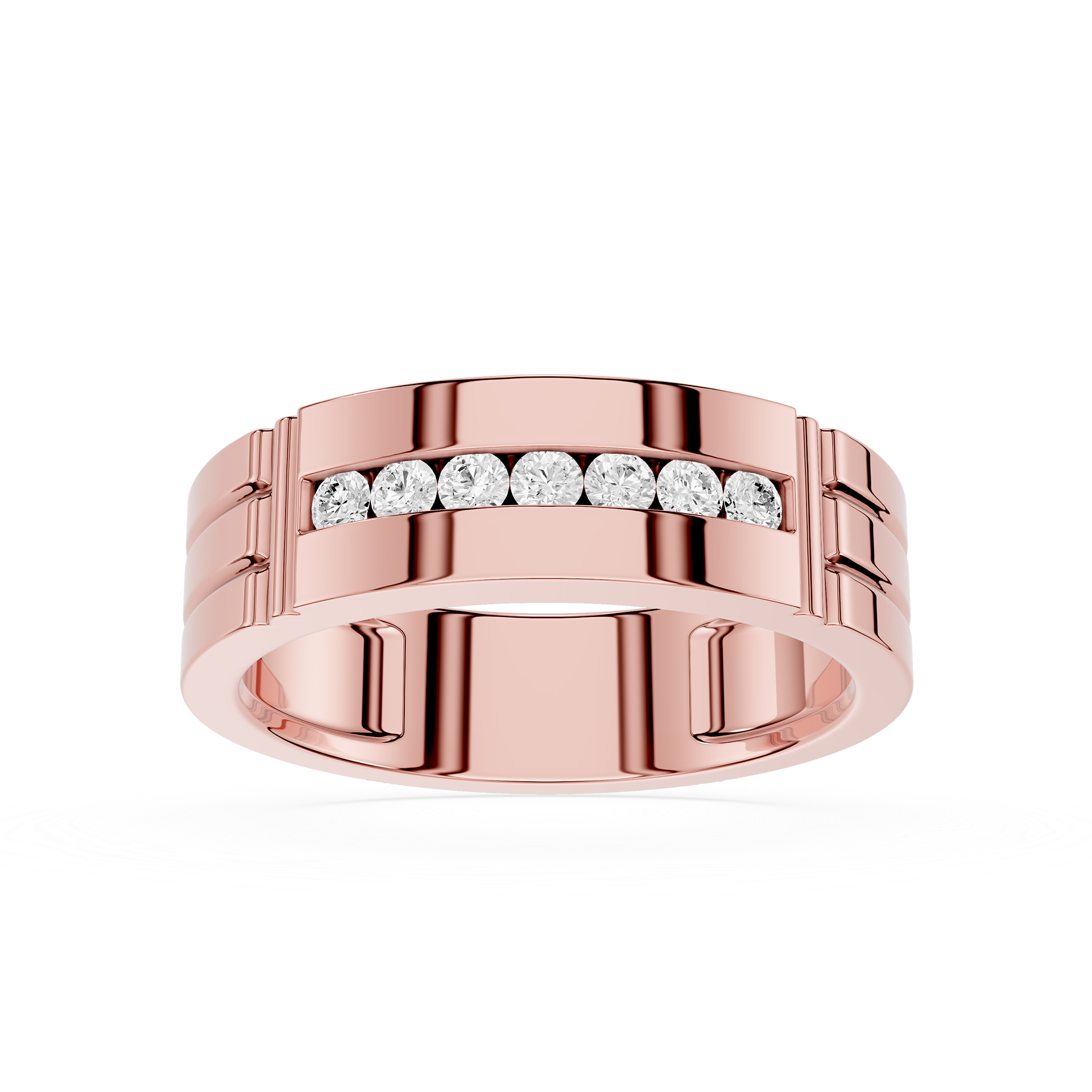 Rose gold ring with embedded diamonds on a white background