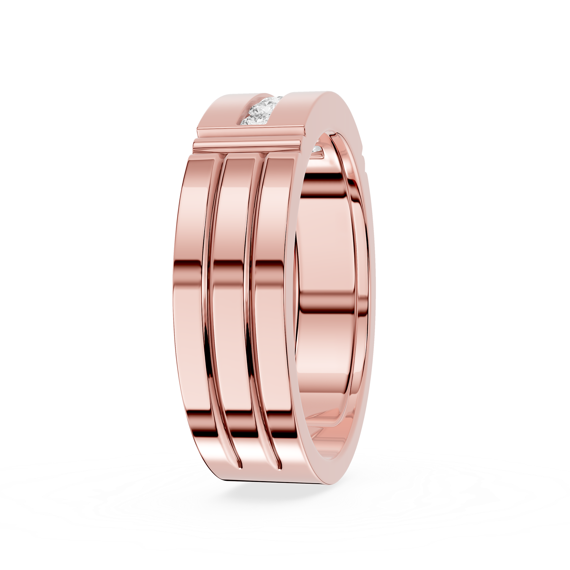 Rose gold ring with a diamond on a white background