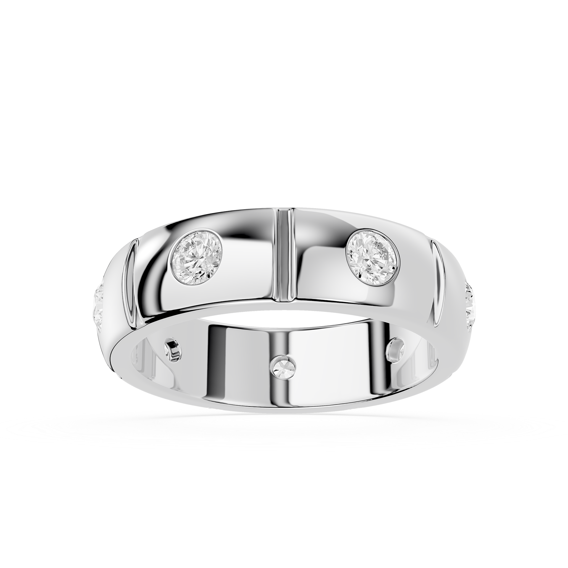 Silver ring with embedded diamonds on a white background