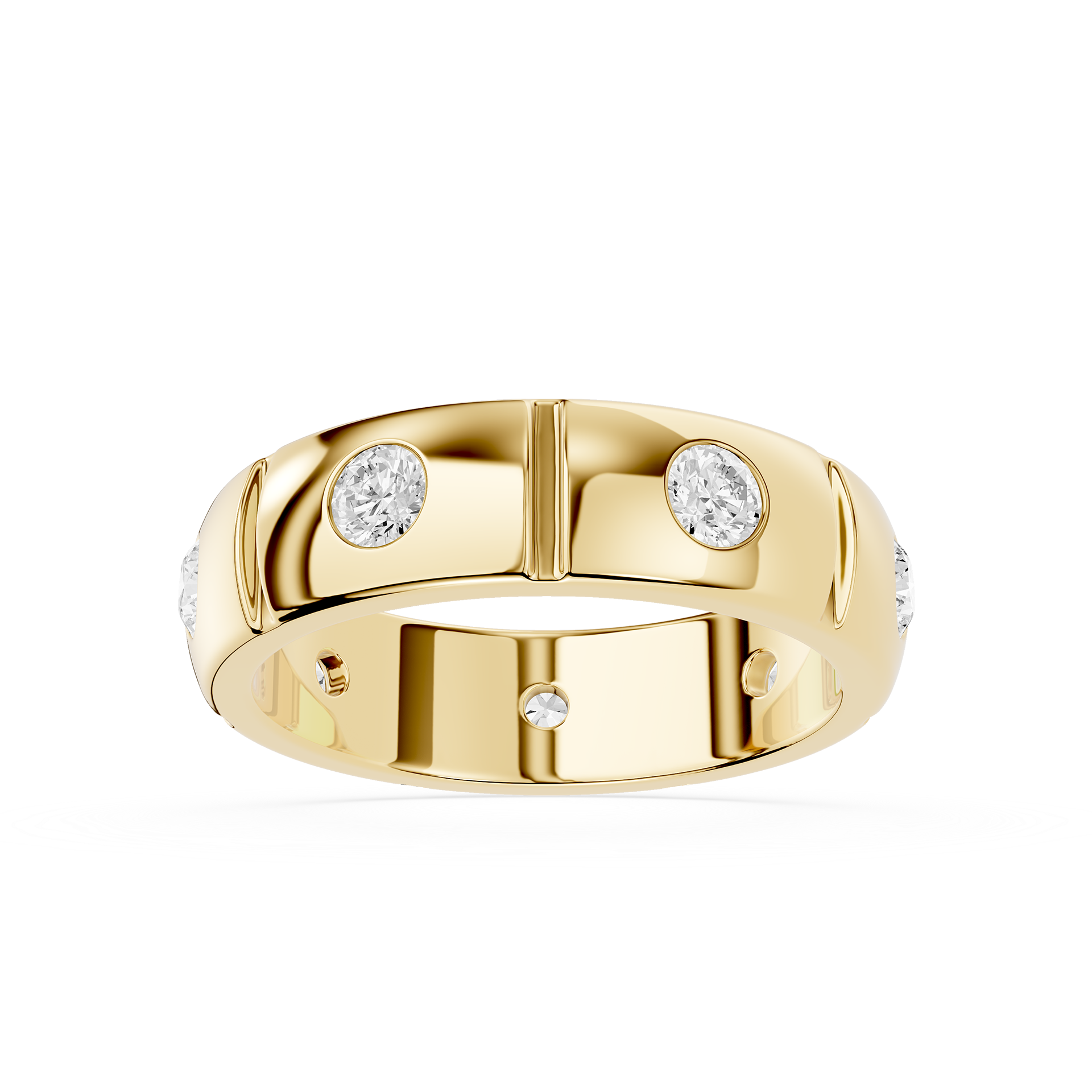 Gold ring with embedded diamonds on a white background