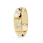 Rose gold ring with embedded diamonds on a white background