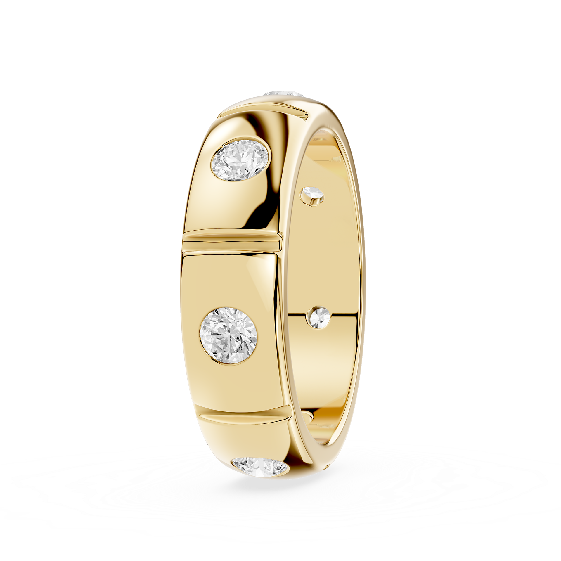 Rose gold ring with embedded diamonds on a white background