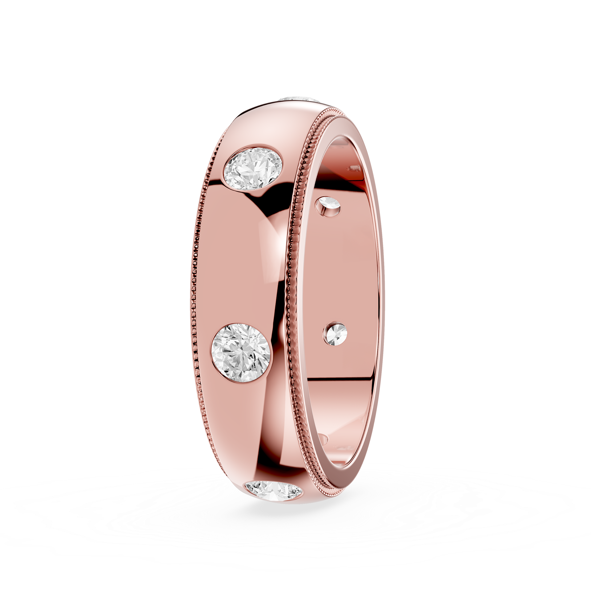 Silver ring with embedded diamonds on a white background