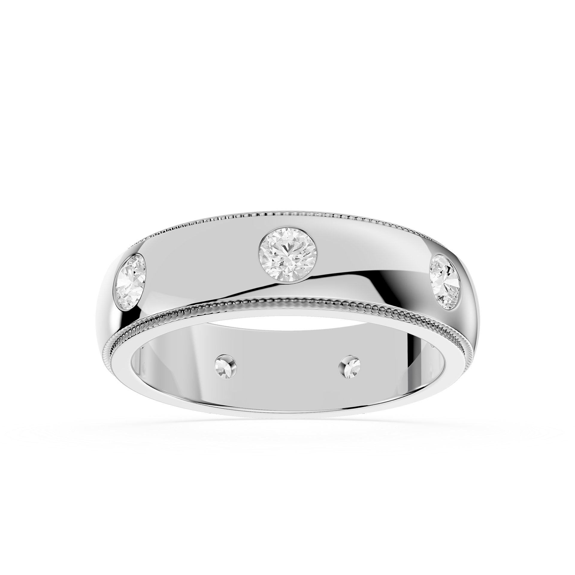 Silver ring with embedded diamonds on a white background