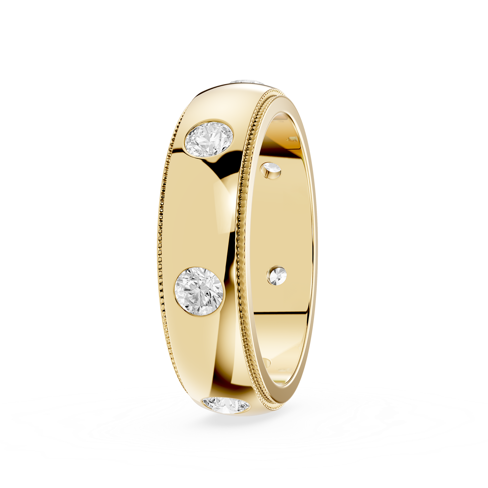 Silver ring with embedded diamonds on a white background