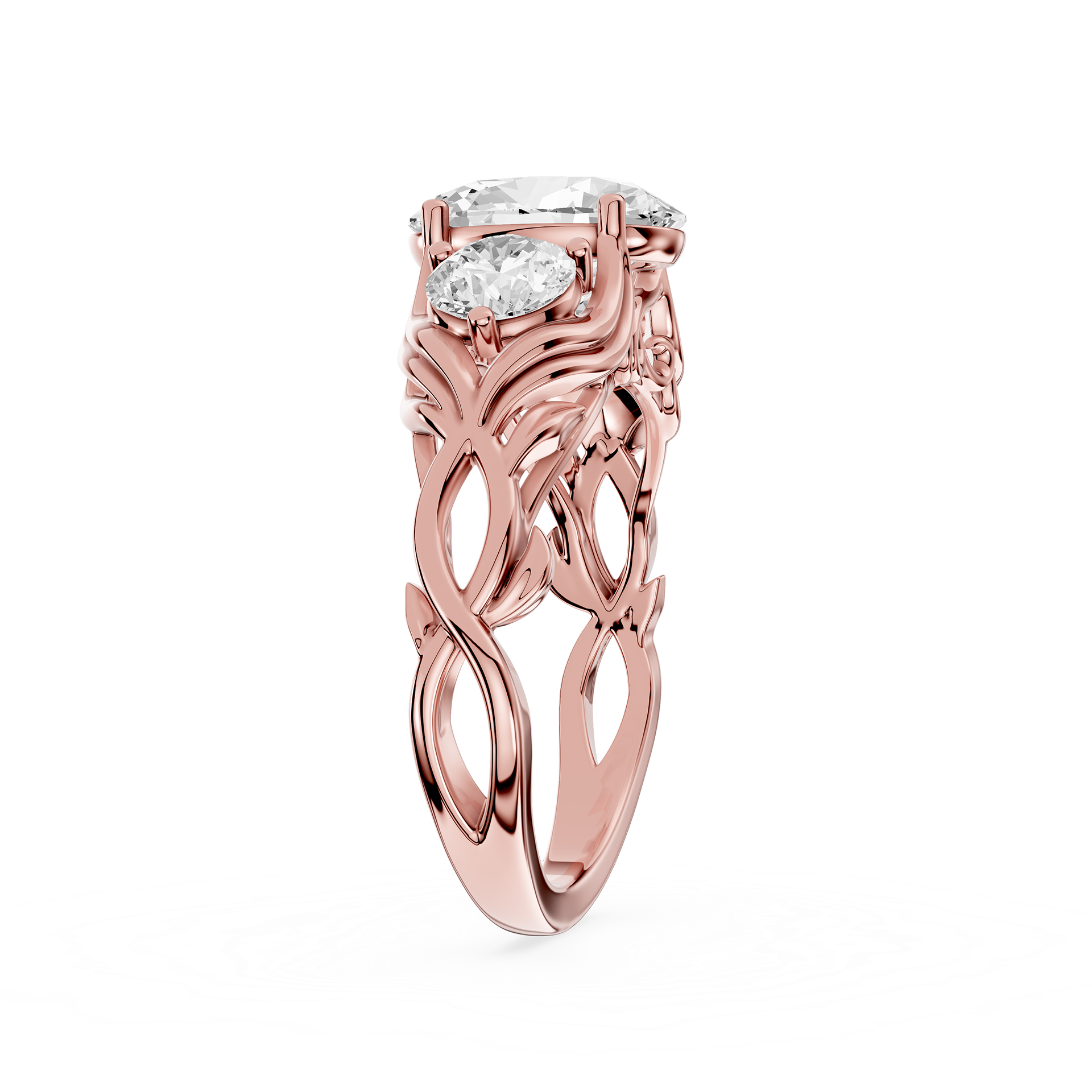 Rose gold ring with diamond on a white background