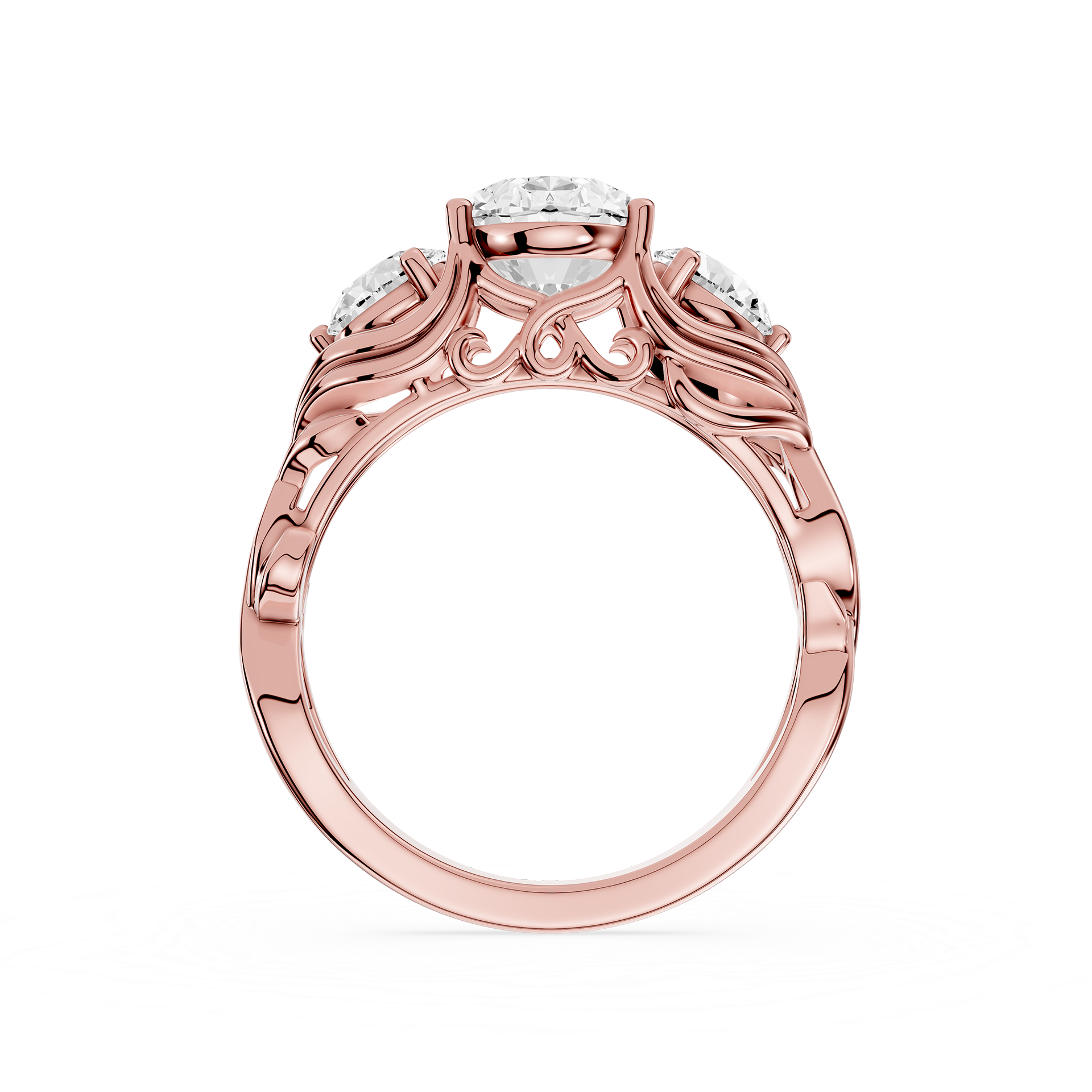 Rose gold ring with diamond accents on a white background