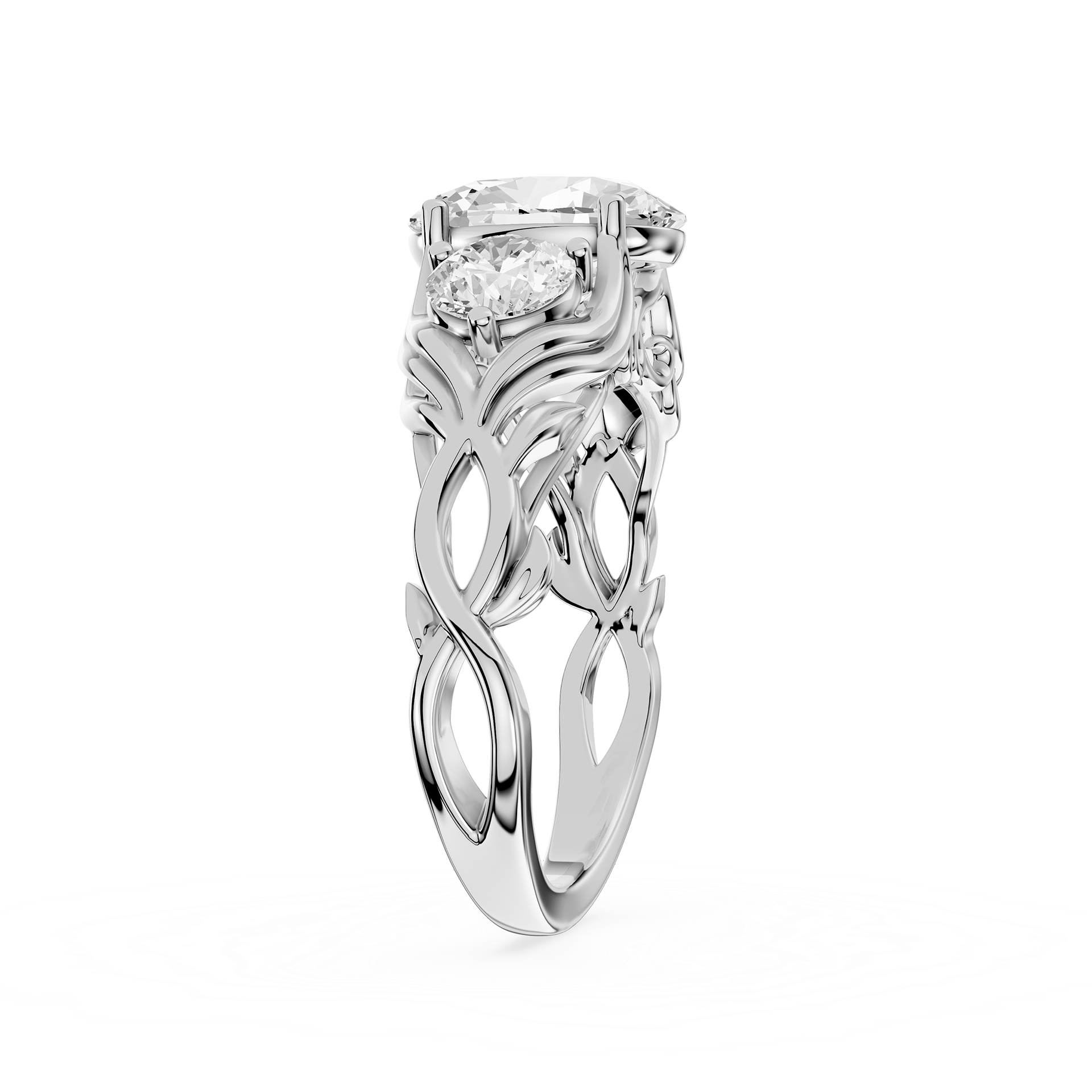 Silver ring with intricate design and central gemstone on a white background