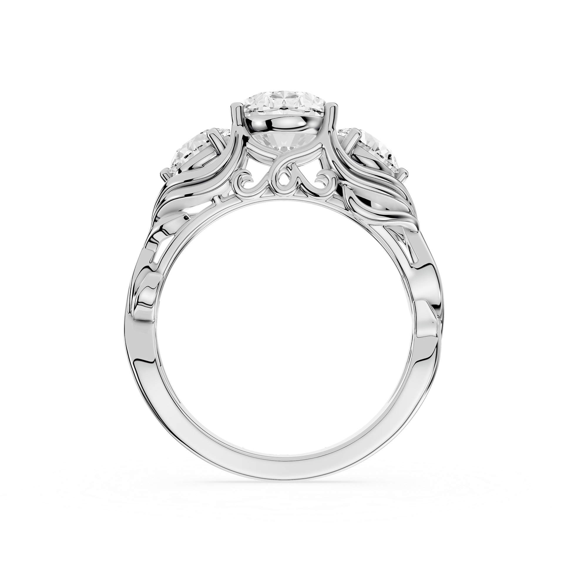 Silver ring with intricate design on a white background
