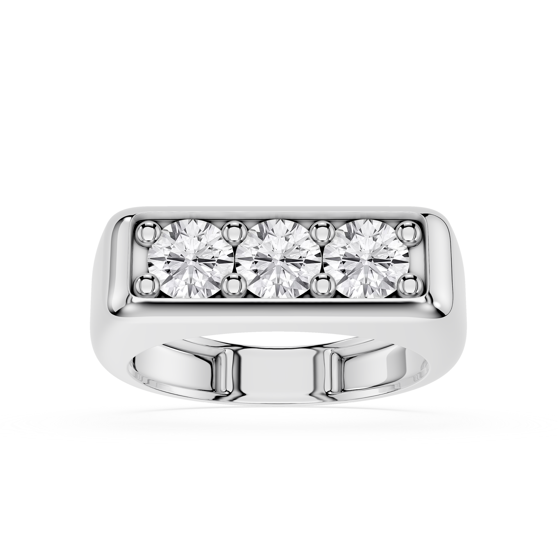 Silver ring with diamond stones on a white background