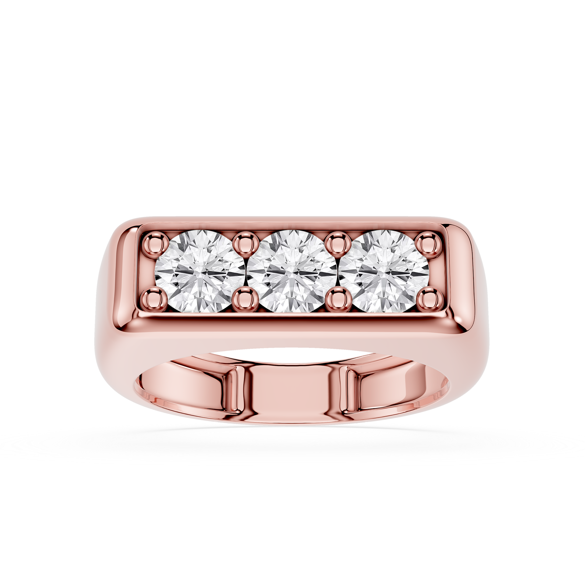 Rose gold ring with three clear gemstones on a white background
