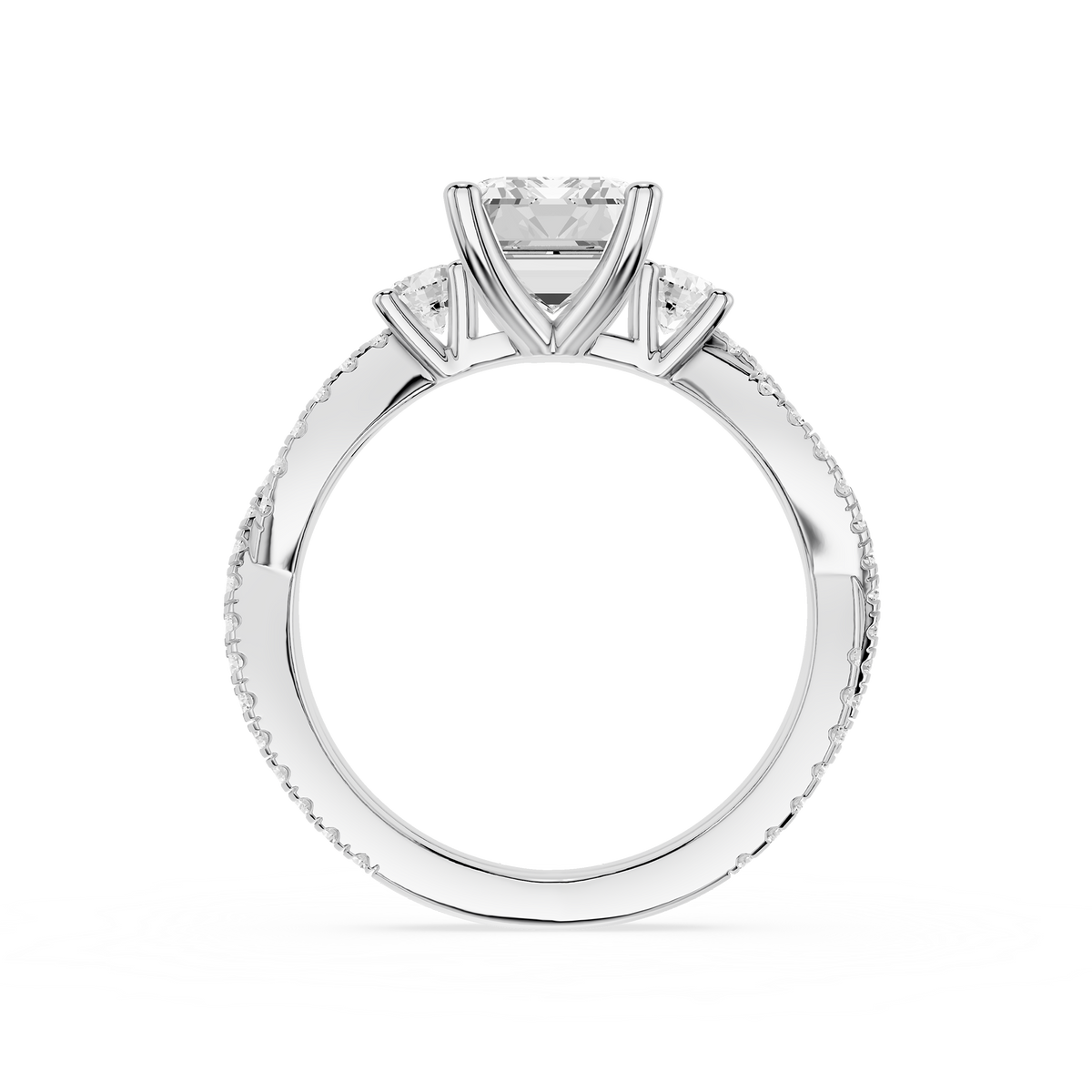 IGI-certified emerald-cut diamond cathedral-setting white-gold engagement ring.