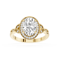 Gold ring with a large diamond and smaller diamonds on the band against a white background