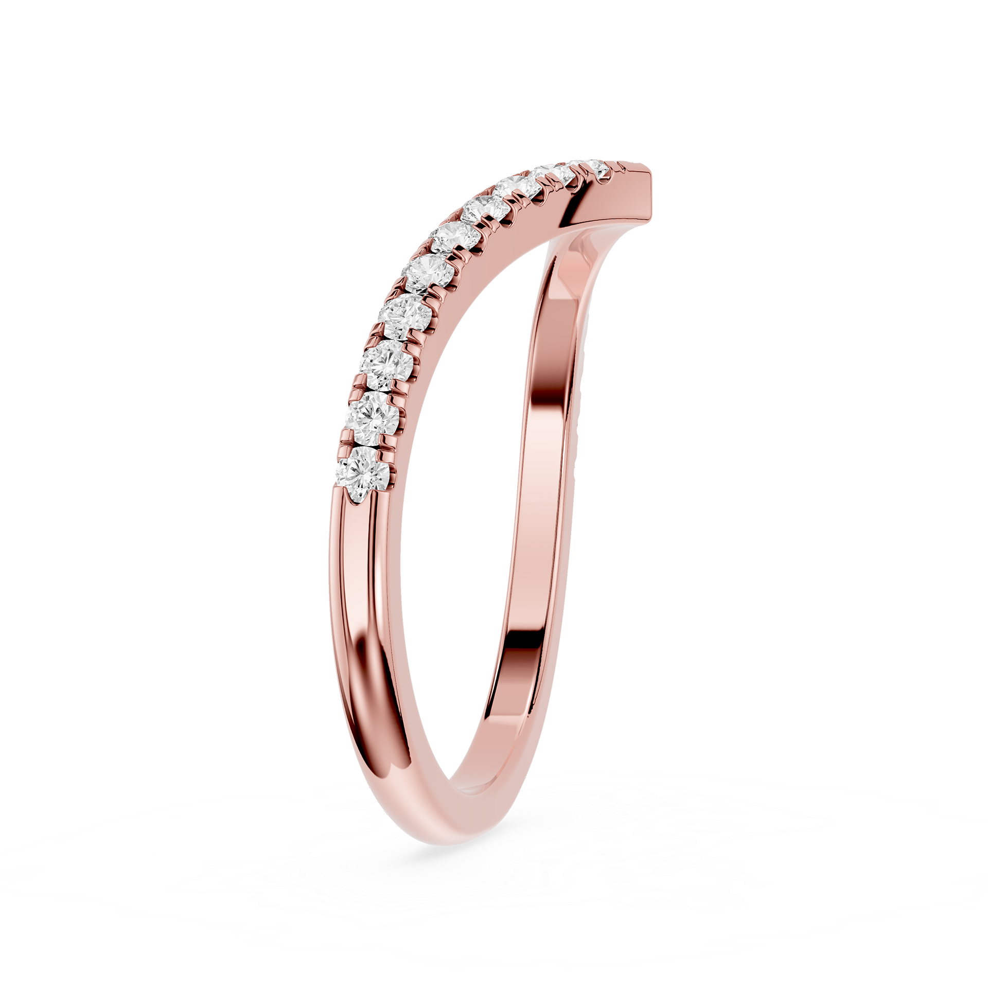 Rose gold ring with small diamonds on a white background