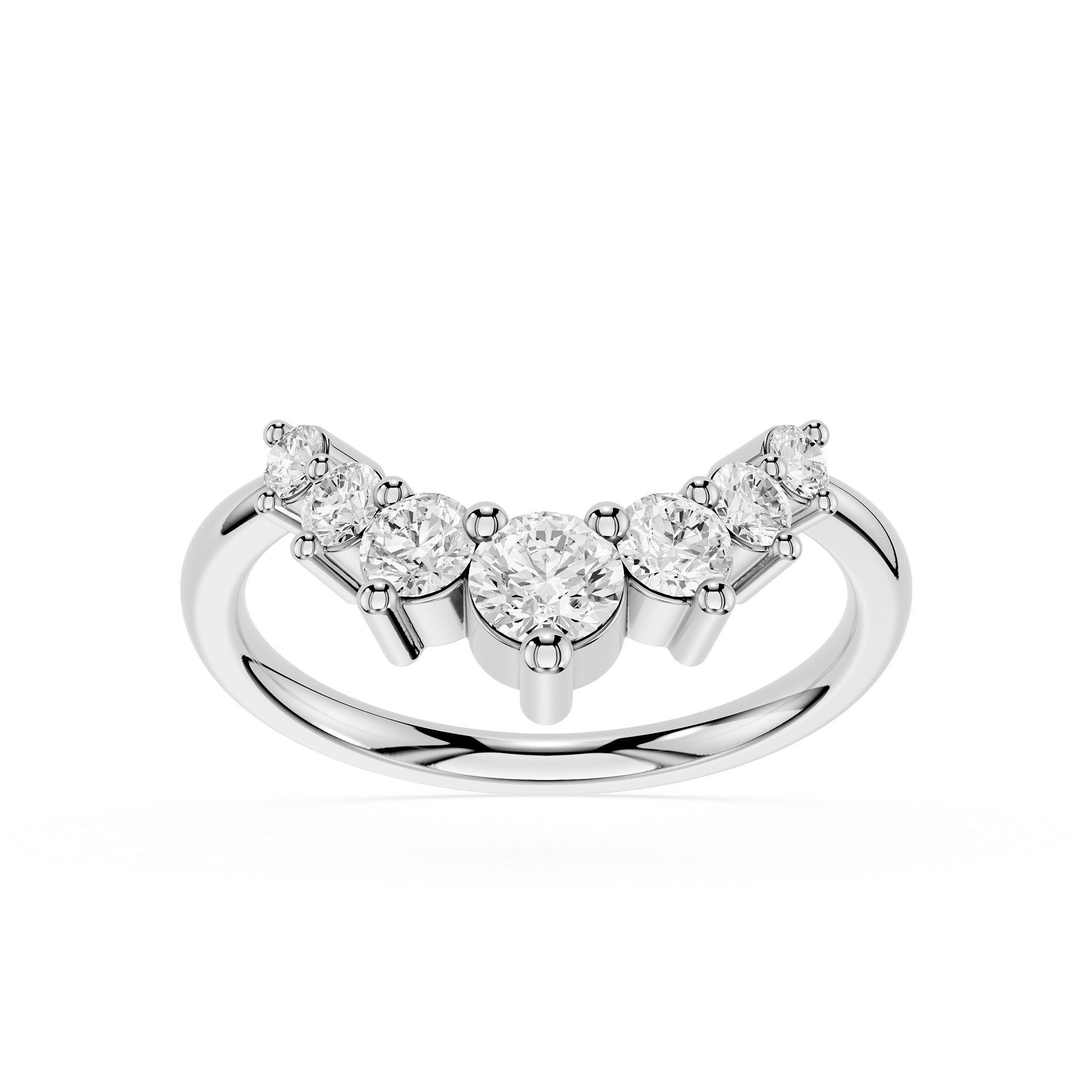 Silver ring with heart-shaped diamonds on a white background