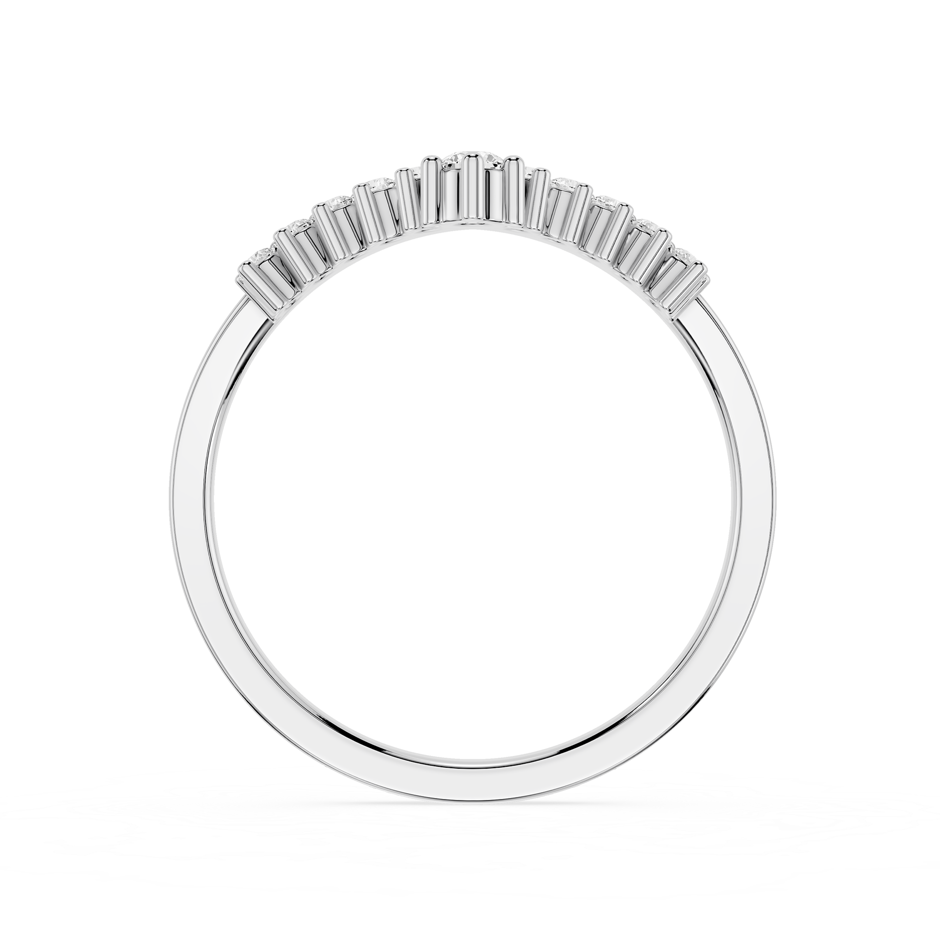 Silver ring with baguette cut diamonds on a white background