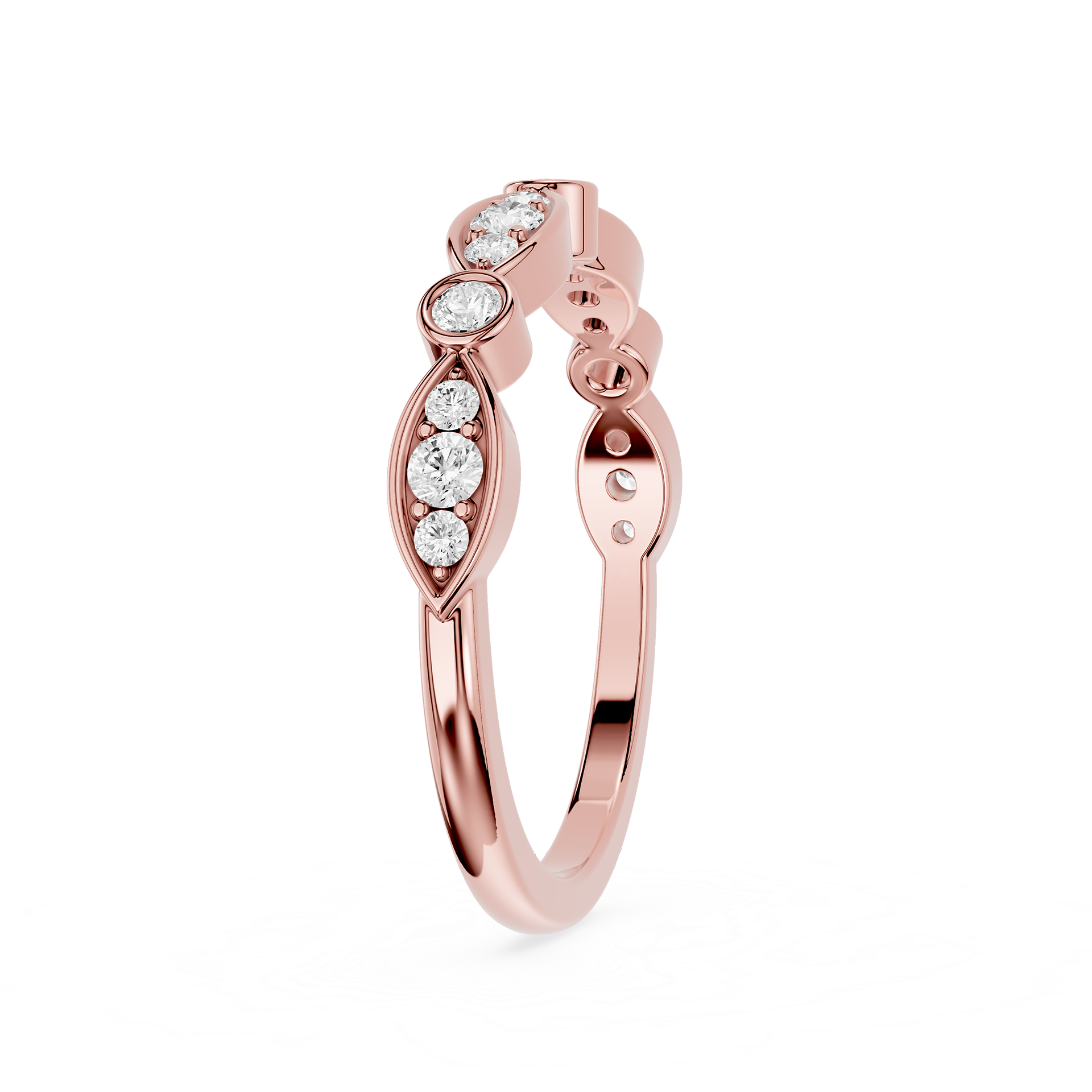 Rose gold ring with diamonds on a white background