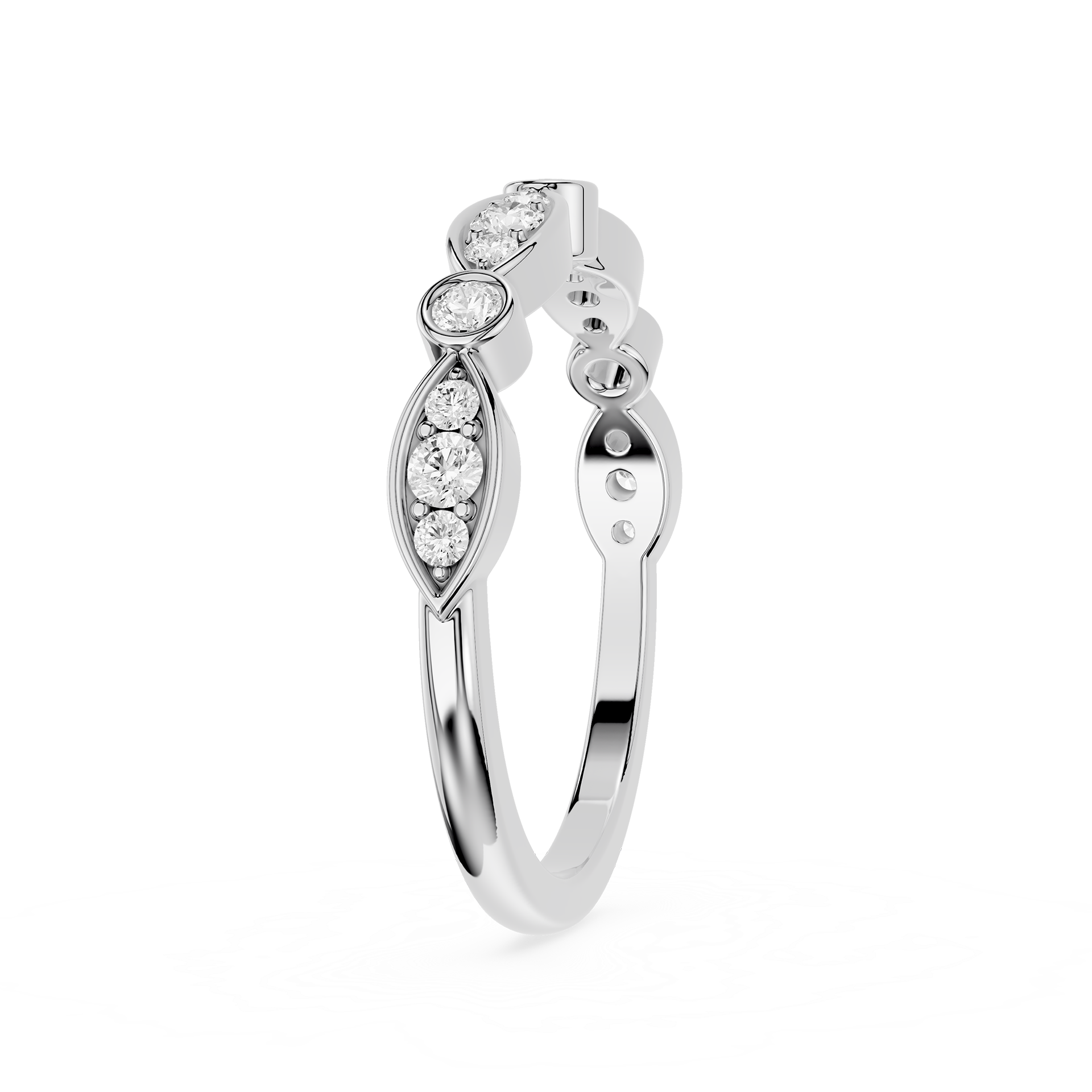 Silver ring with diamond accents on a white background