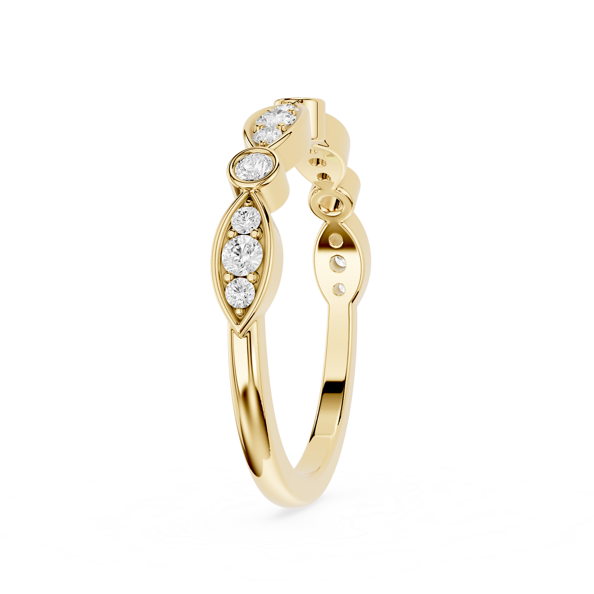 Gold ring with diamond accents on a white background