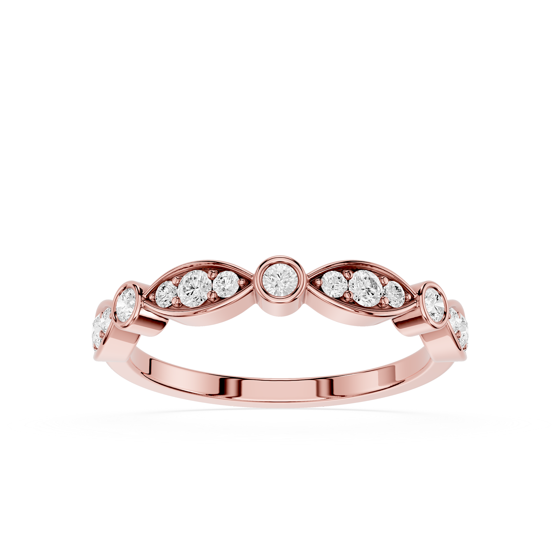 Rose gold ring with diamonds on a white background