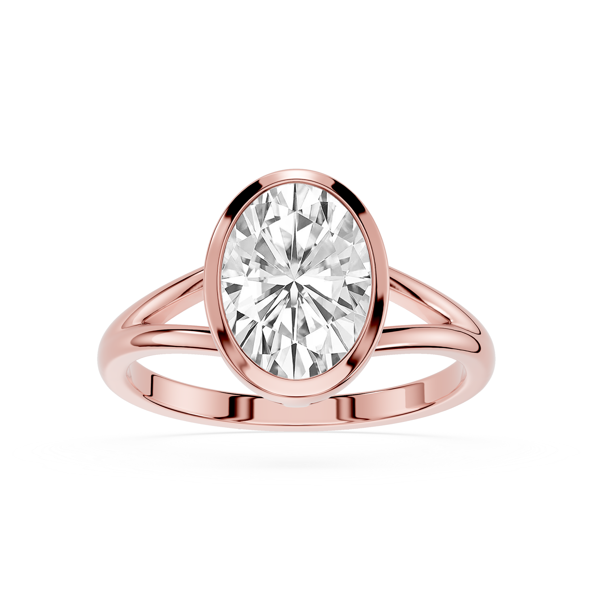Rose gold ring with a large diamond on a white background
