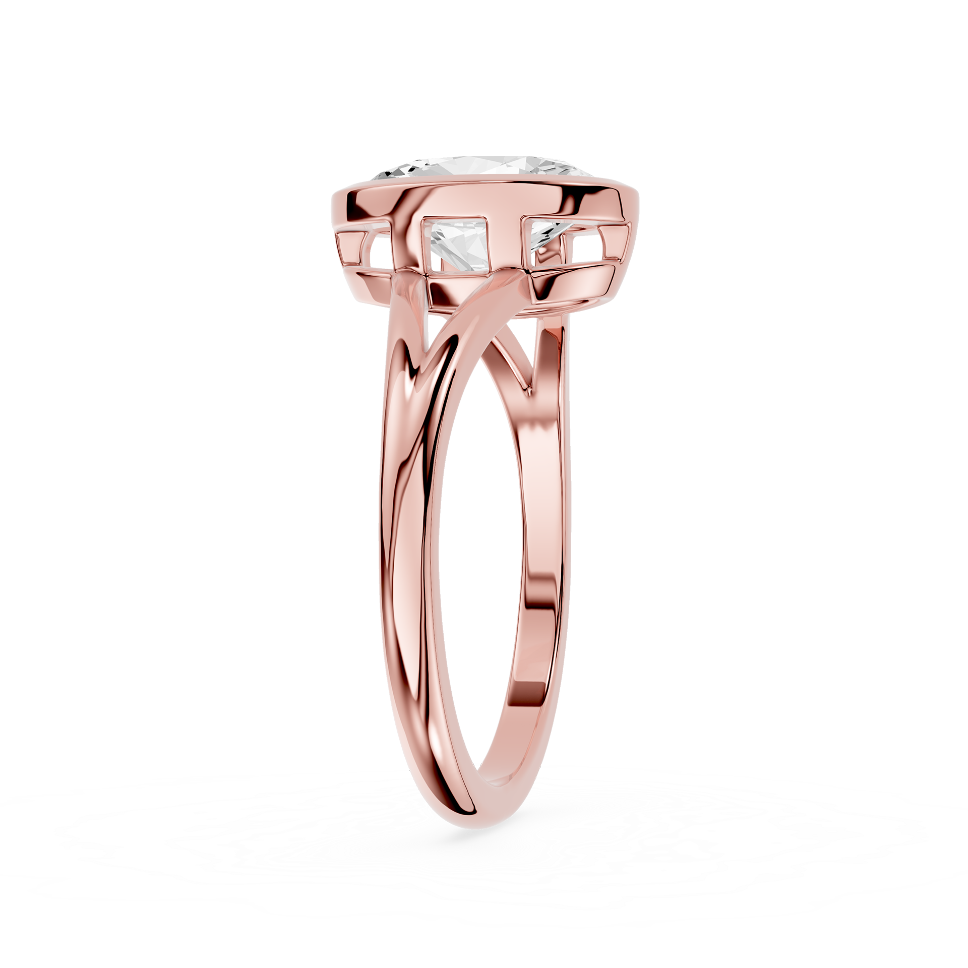 Rose gold ring with a diamond on a white background