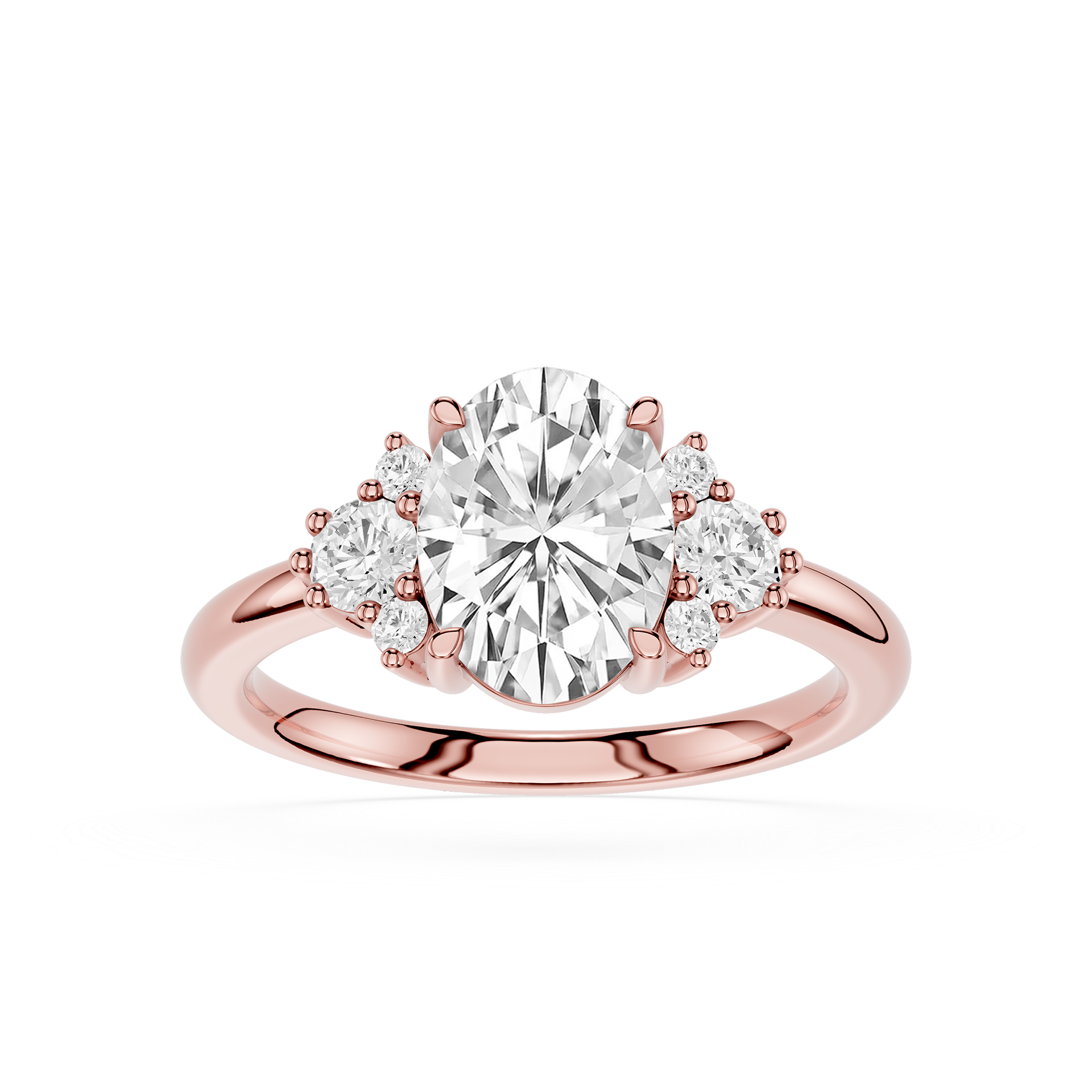 Rose gold ring with a large central diamond and smaller diamonds on the sides on a white background