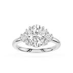 Diamond ring with a central gemstone and smaller stones on a white background