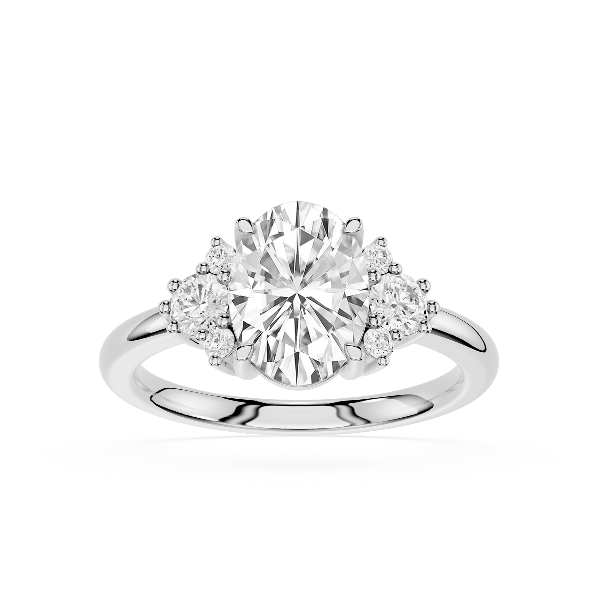 Diamond ring with a central gemstone and smaller stones on a white background
