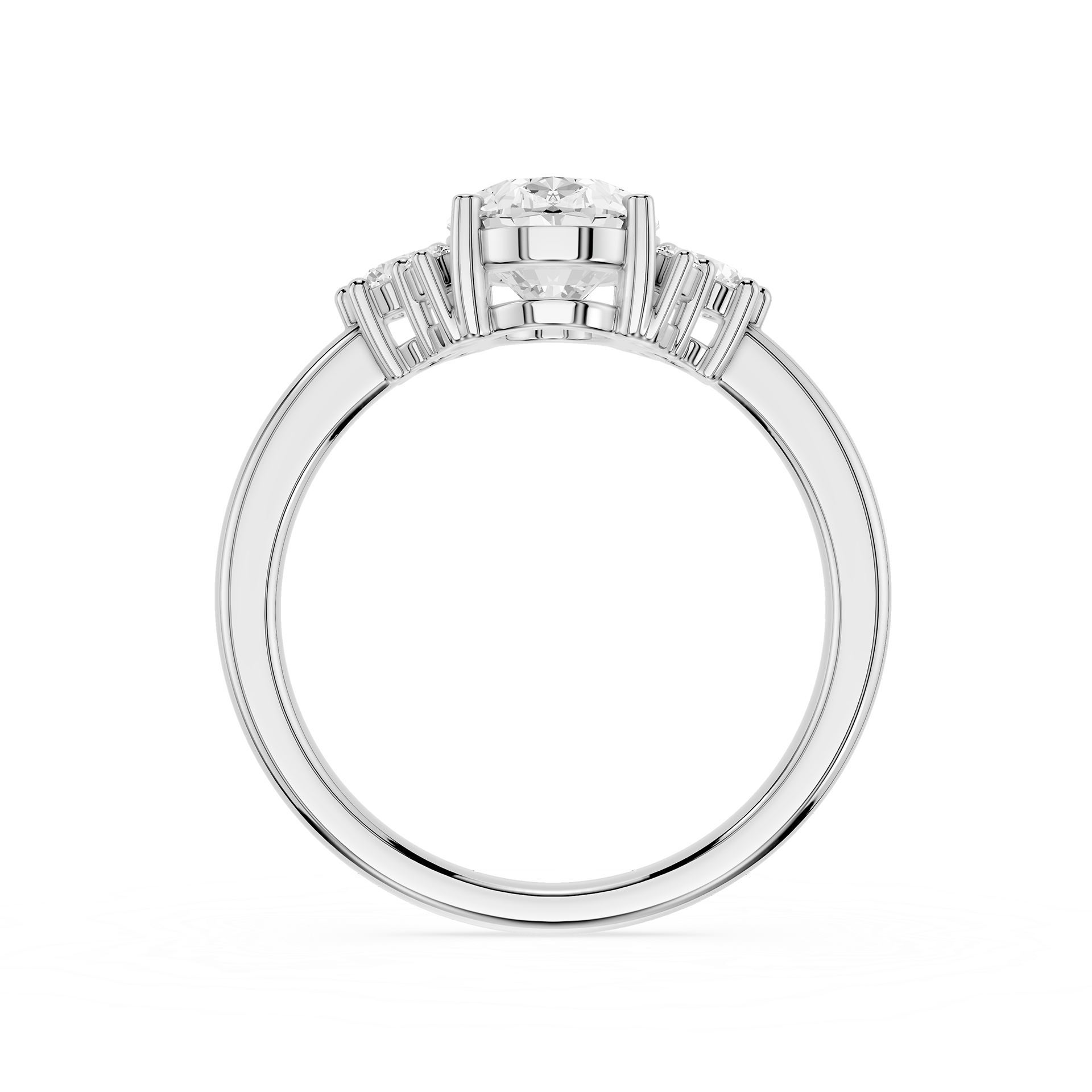 Diamond ring with a central gemstone and baguette-cut stones on a white background