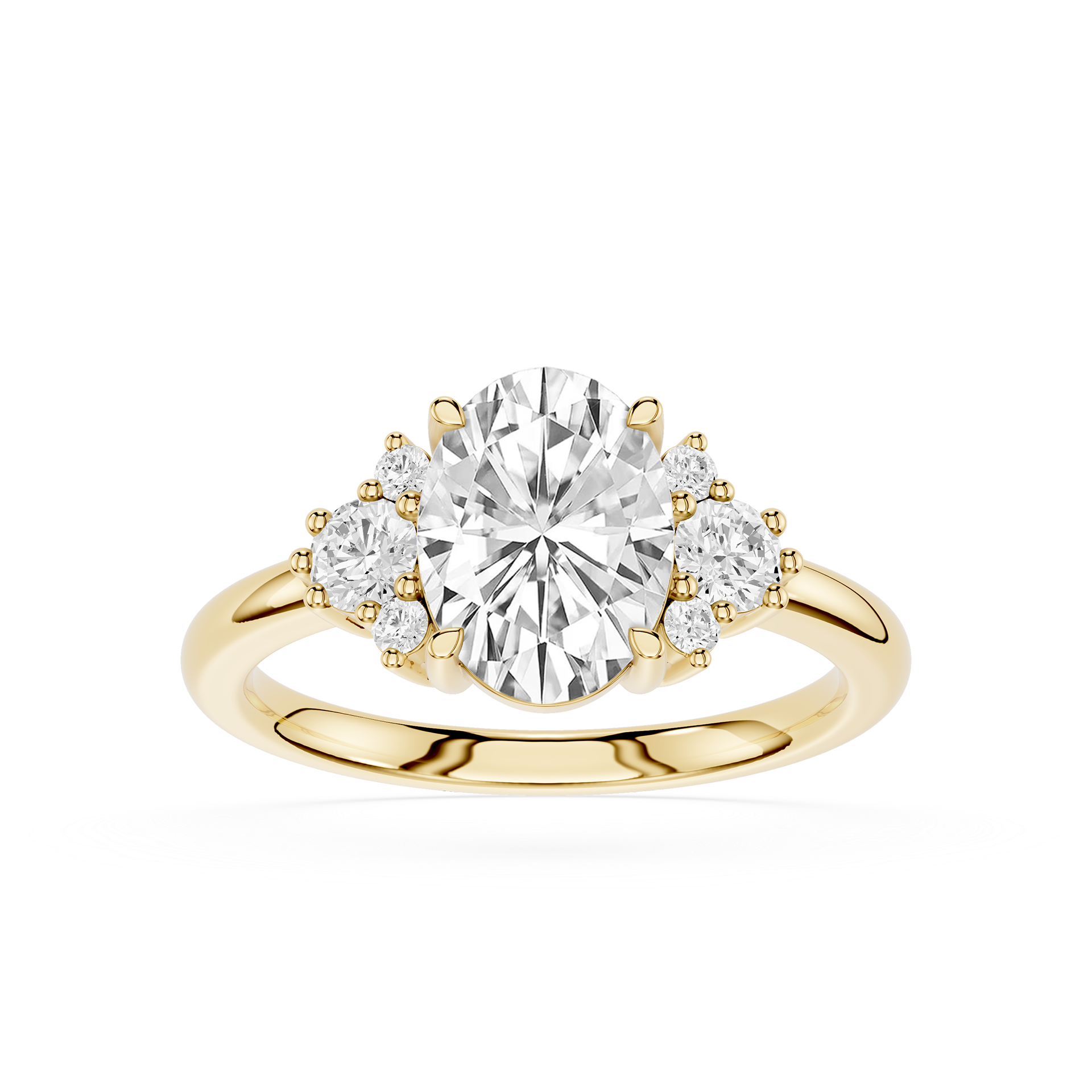 Gold ring with a large central diamond and smaller diamonds on the sides on a white background