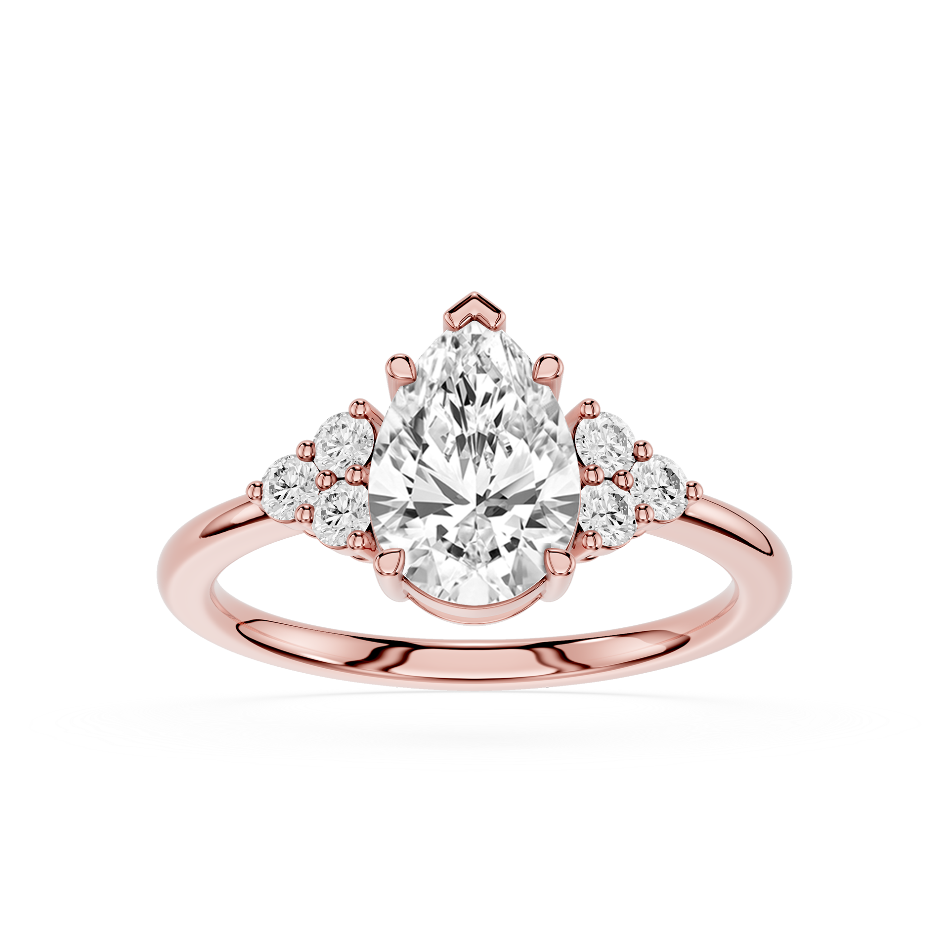 Rose gold ring with a pear-shaped diamond and smaller diamonds on a white background