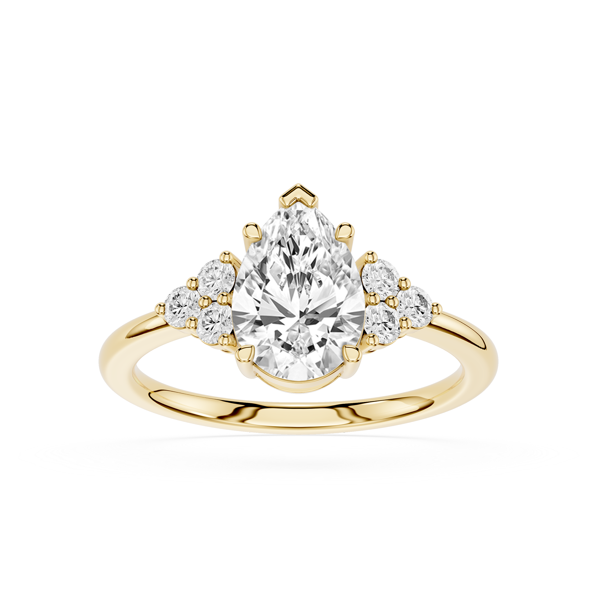 Gold ring with a pear-shaped diamond and smaller diamonds on a white background