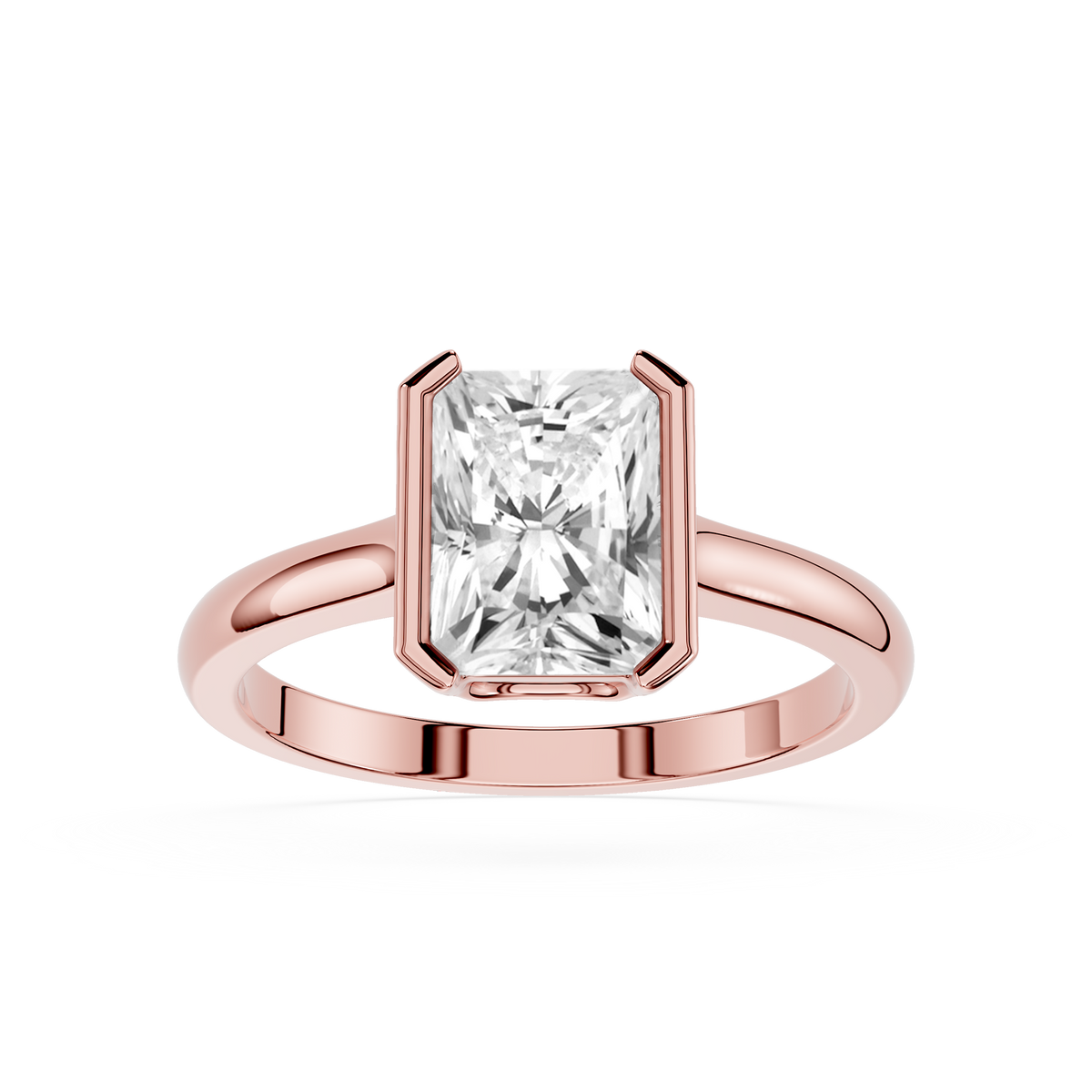 2.00 carat weight radiant cut diamond bezel set engagement ring for a woman.