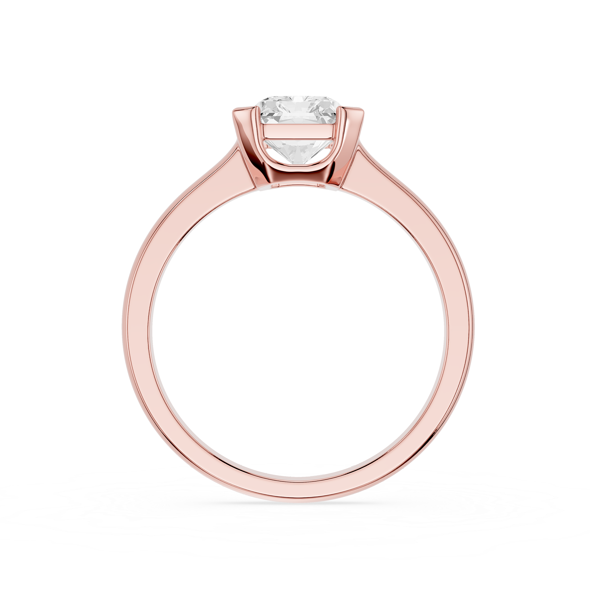 Rose gold ring with a diamond on a white background