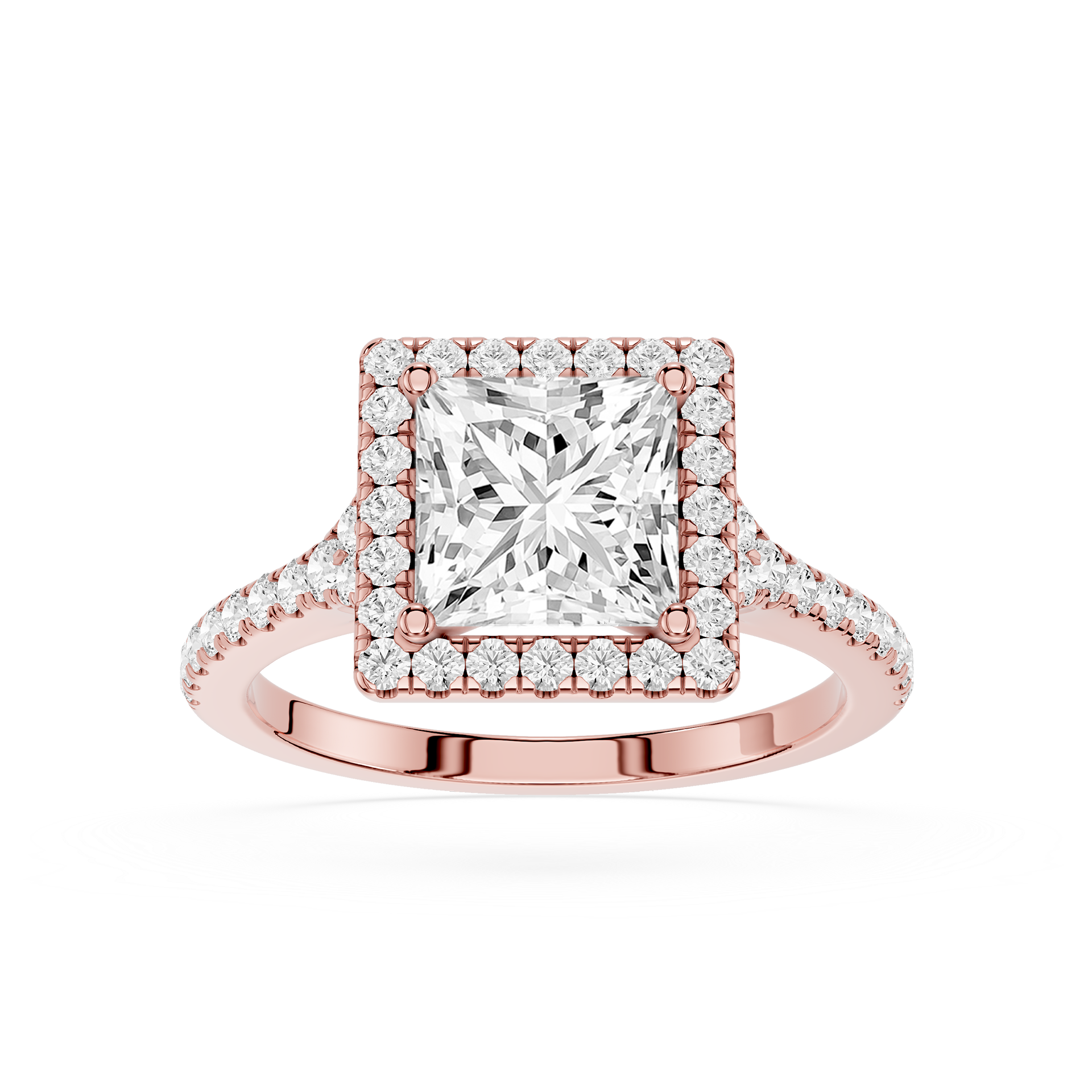 Rose gold ring with a large diamond and smaller diamonds on the band against a white background