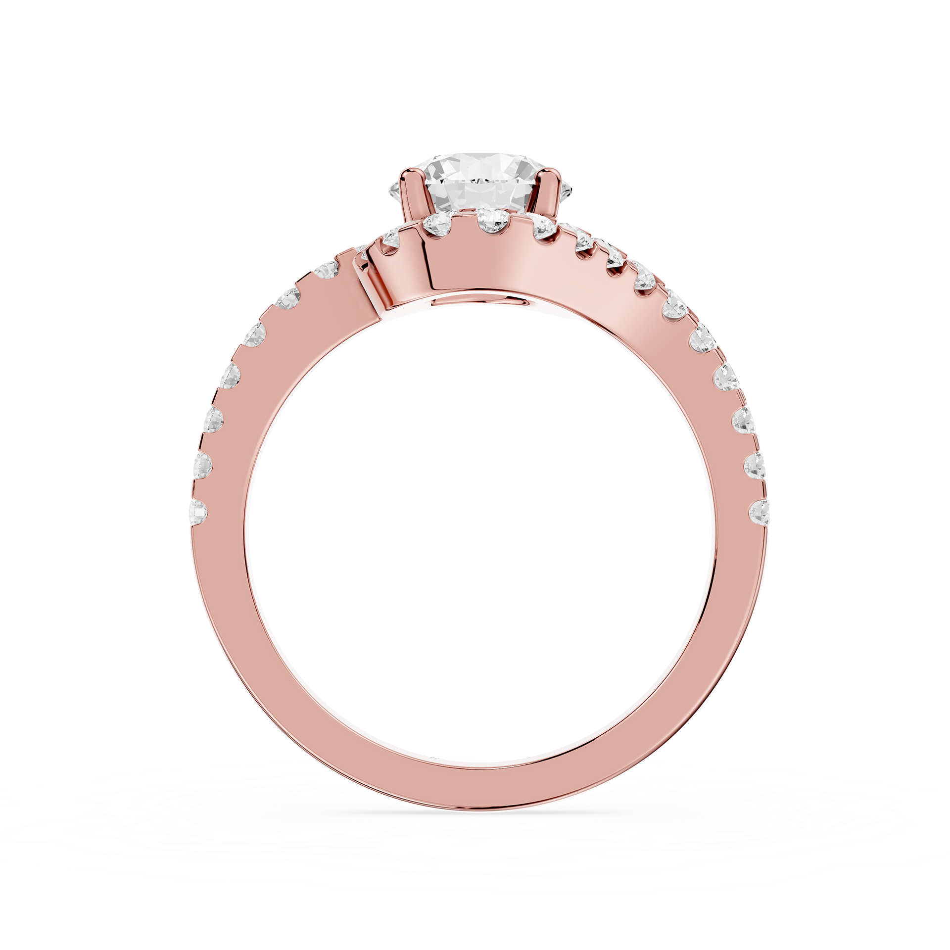 Rose gold ring with diamonds on a white background