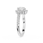 Diamond ring with a white gold band on a white background